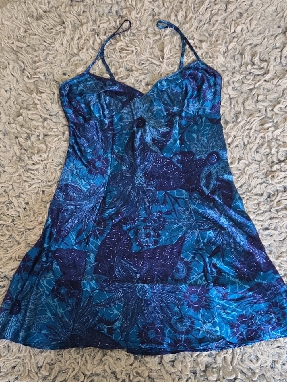Victoria's Secret Vintage 100% Silk Slip In Blue & Turquoise With Floral Print